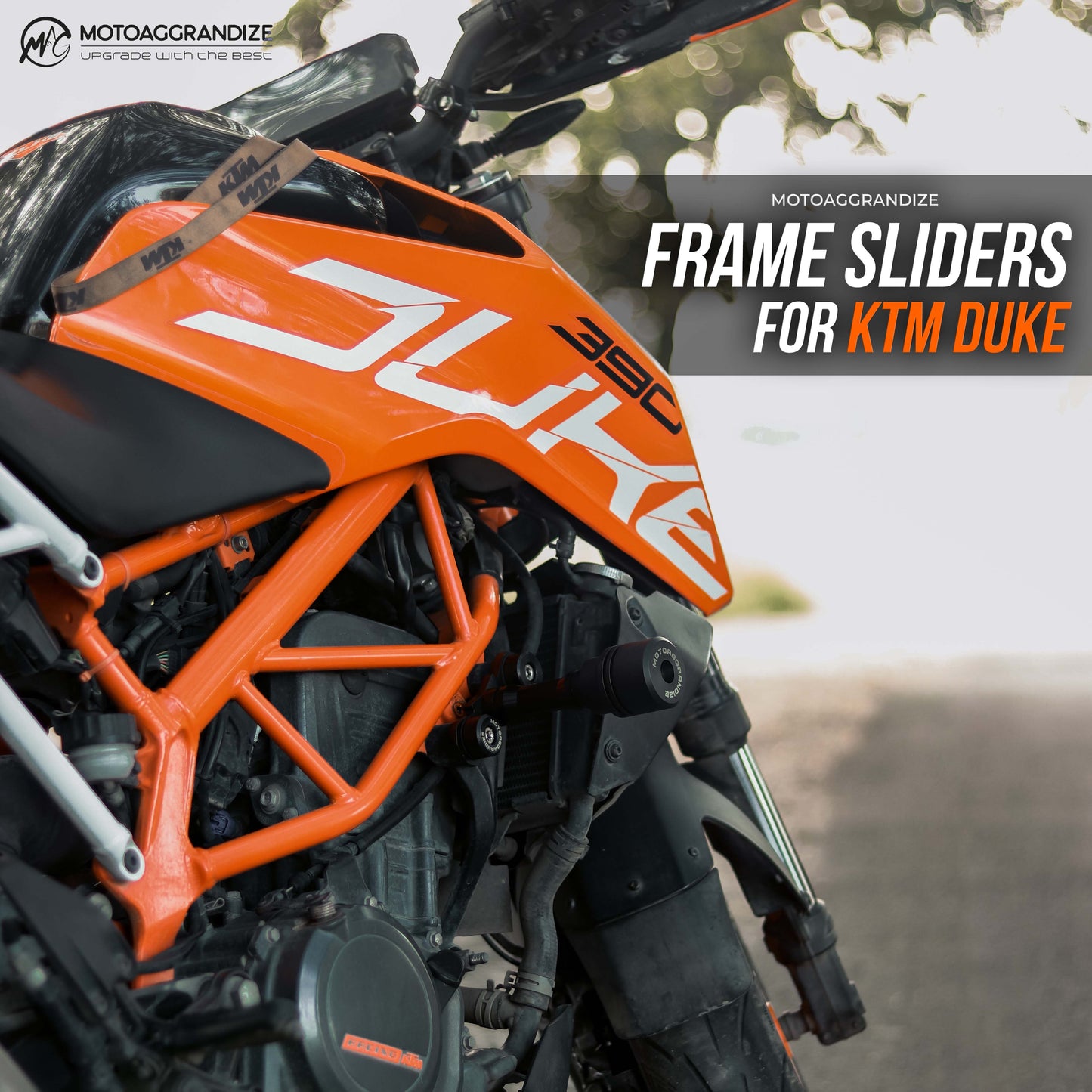 KTM Duke 125/ 200/ 250/ 390 Combo | Frame Sliders, Compact Tail Tidy, Radiator Guard, Fork Sliders, Handlebar Raisers 2-inch