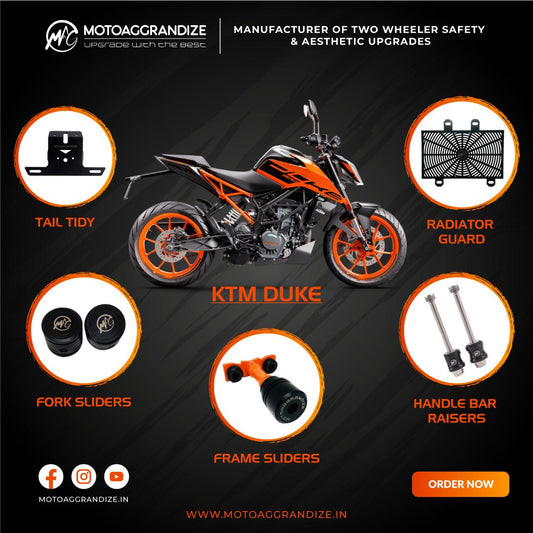 KTM Duke 125/ 200/ 250/ 390 Combo | Frame Sliders, Compact Tail Tidy, Radiator Guard, Fork Sliders, Handlebar Raisers 1-inch